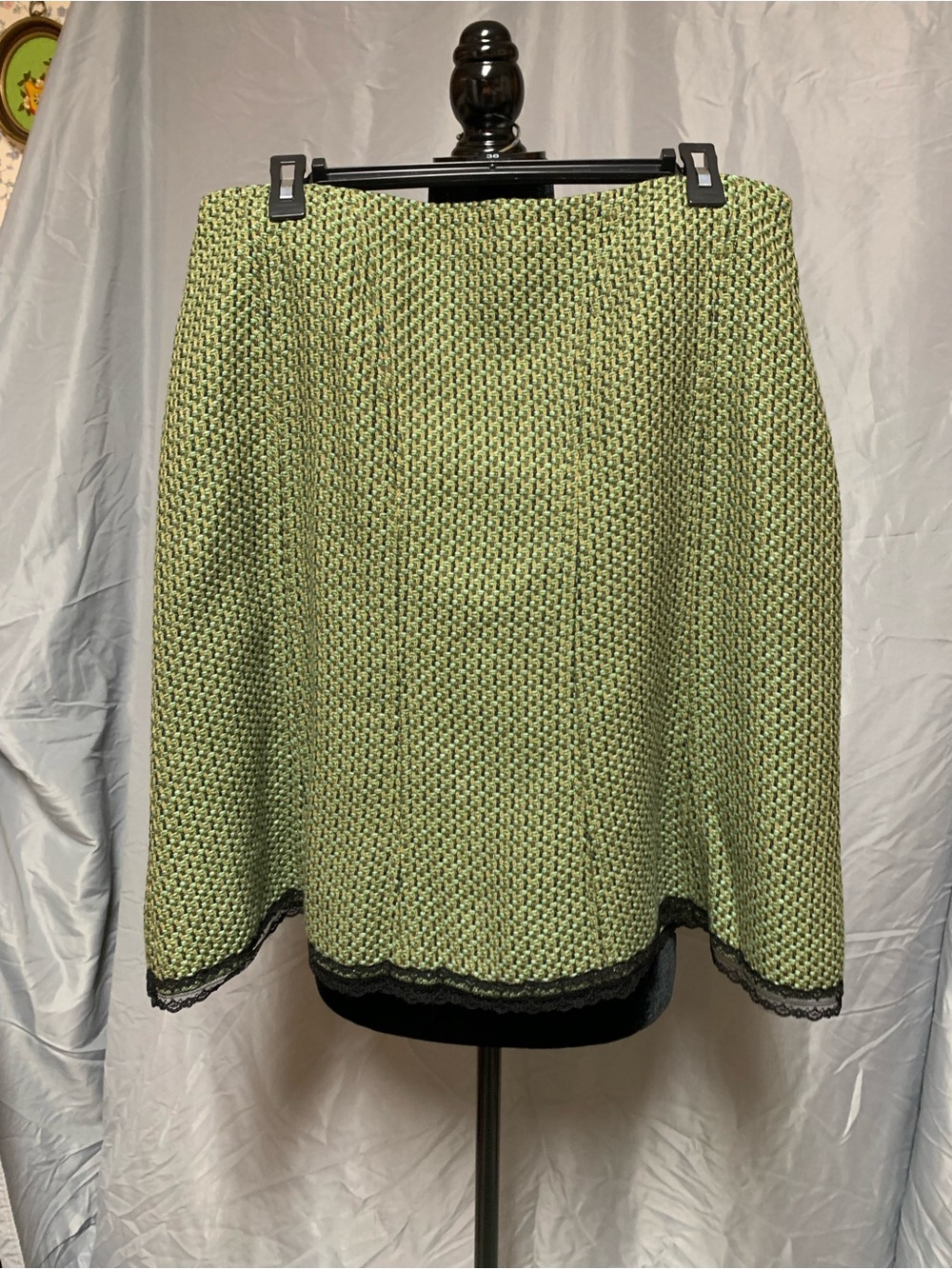 Worthington Green Tweed A-Line Skirt with Black Lace Hem